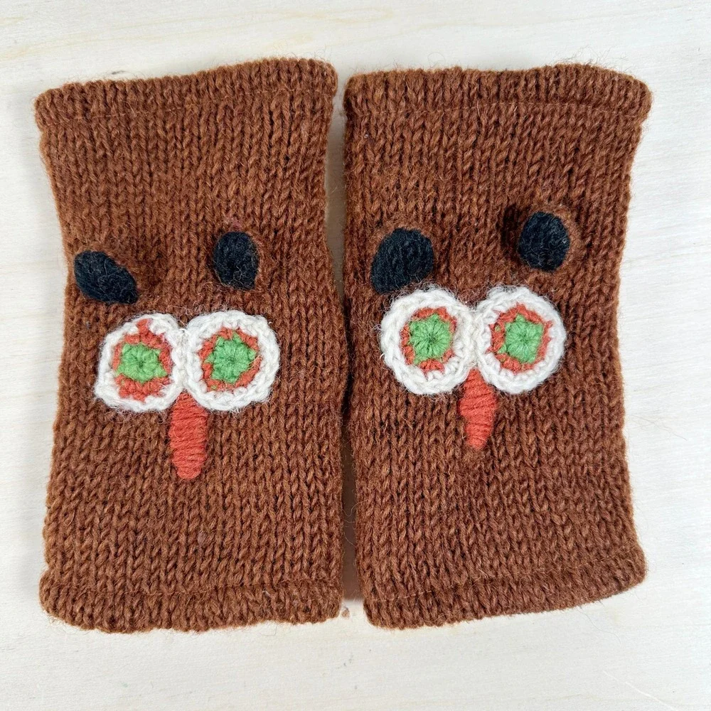 Owl Knot Fingerless Wool Mittens Fleece Lined Made In Nepal Brown